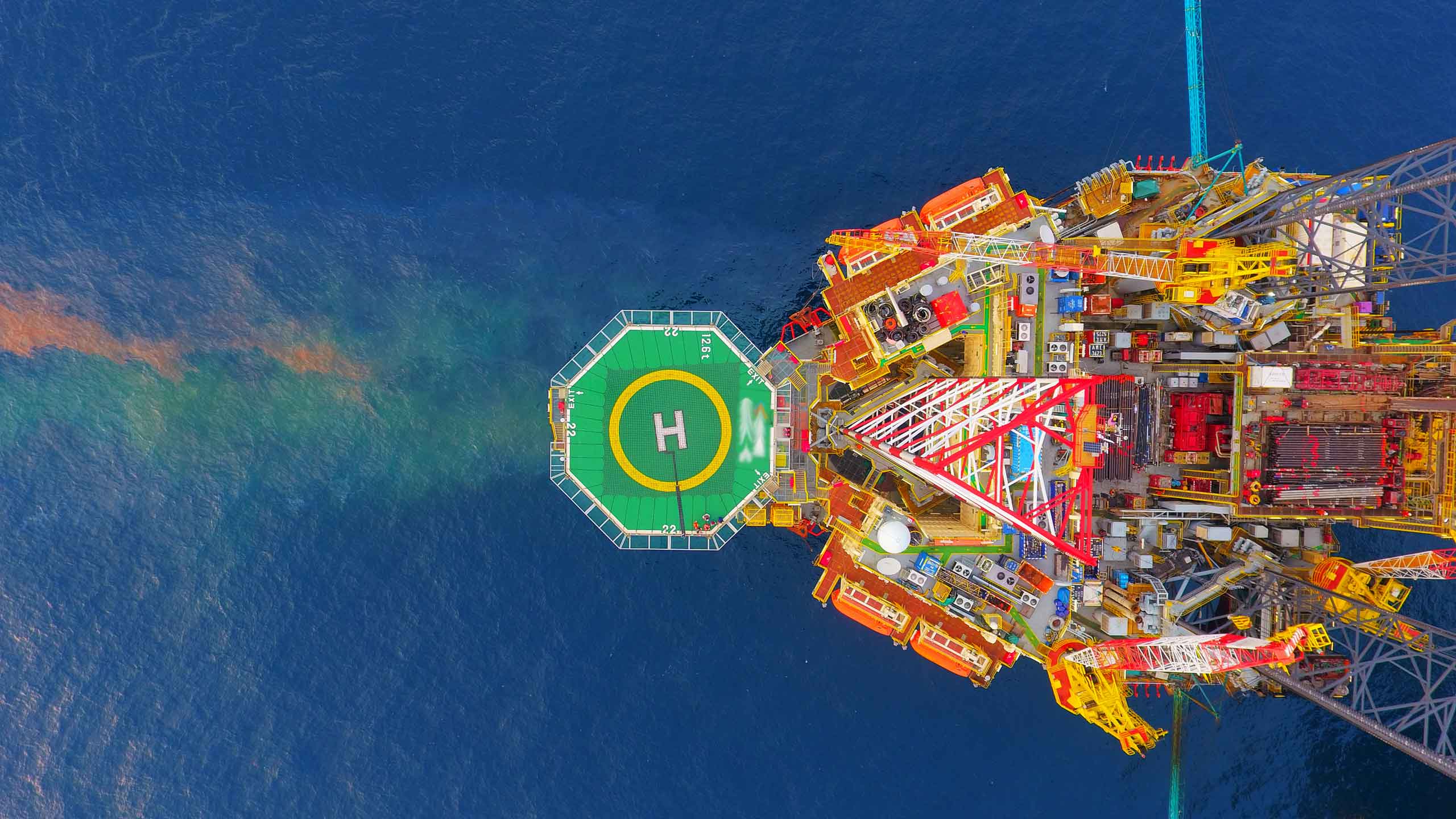 Aerial view of jack-up oil rig with helipad
