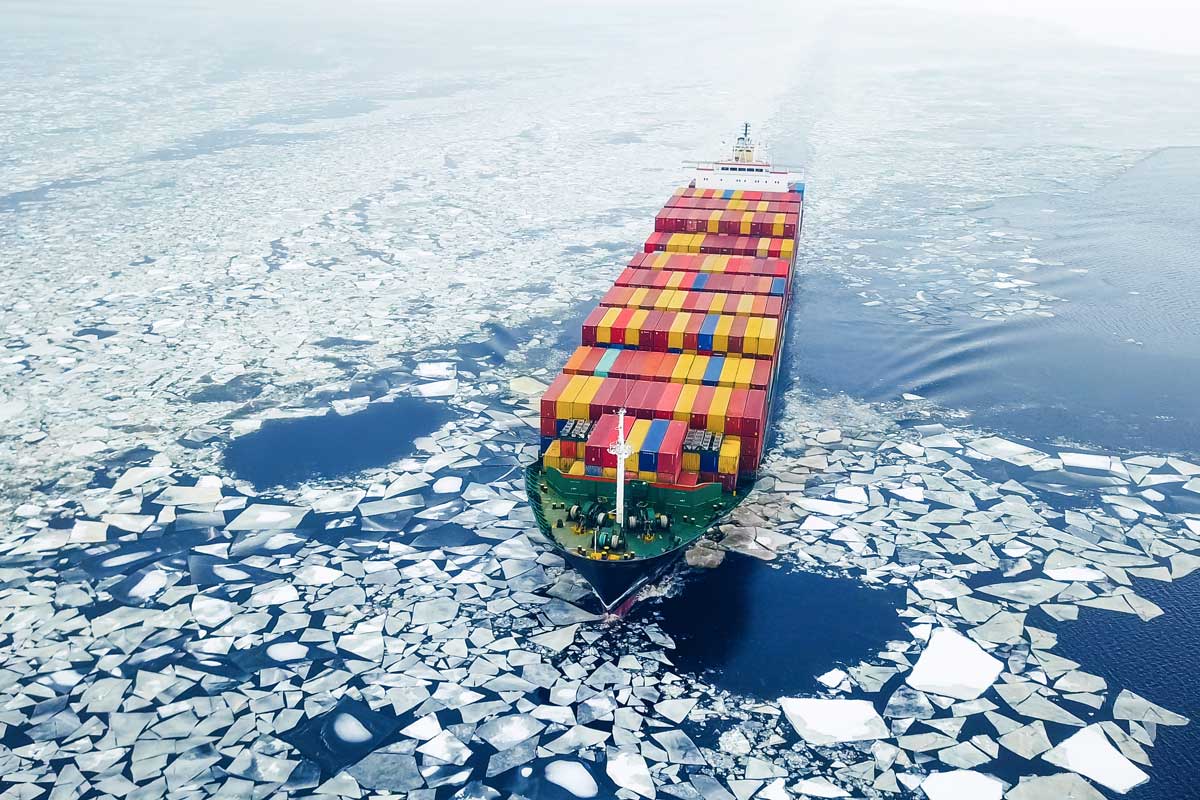 Container ship in icy waters